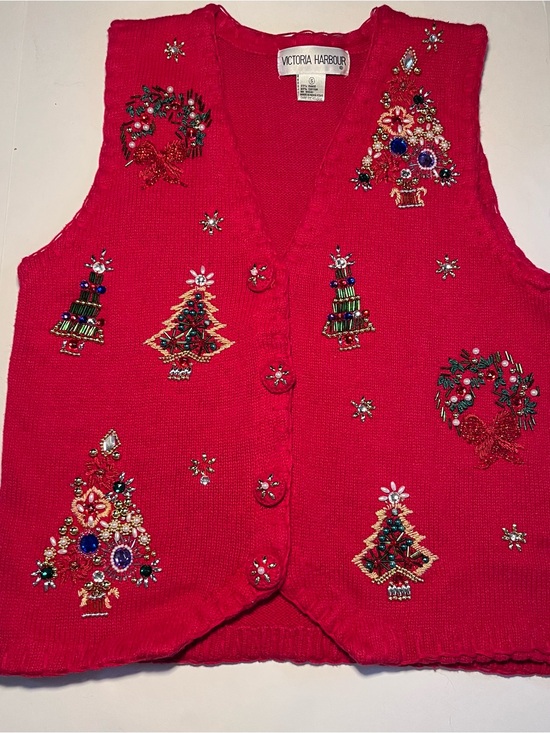 Sweaters - Vintage Victoria Harbour Beaded Christmas Sweater Vest Red Small